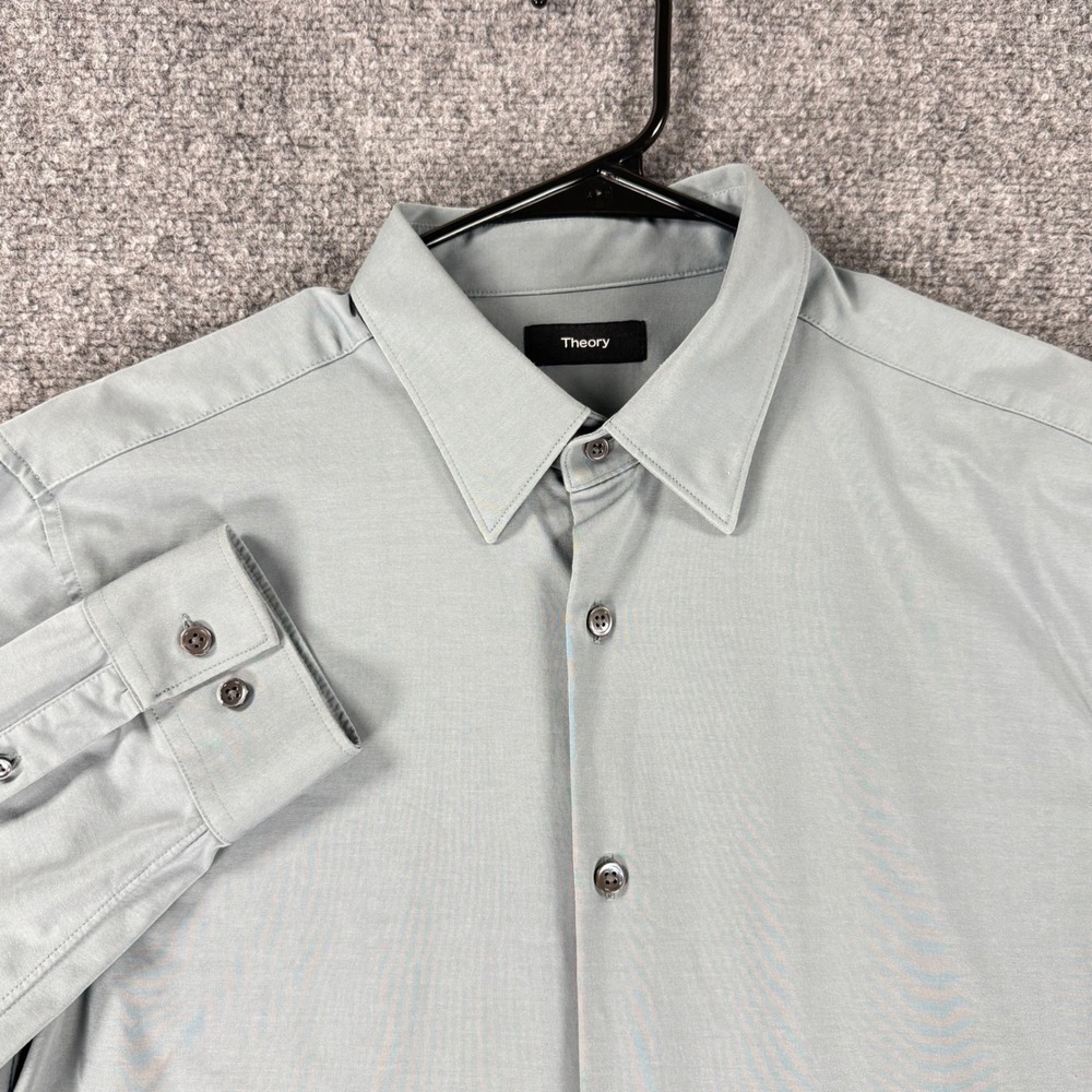 Theory Sylvain Structure Knit Button Down Shirt Mens Large Blue Cotton Blend